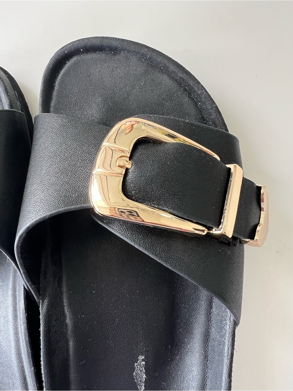Madden Girl Black Slide Sandals with Gold Buckles - Picture 2 of 6
